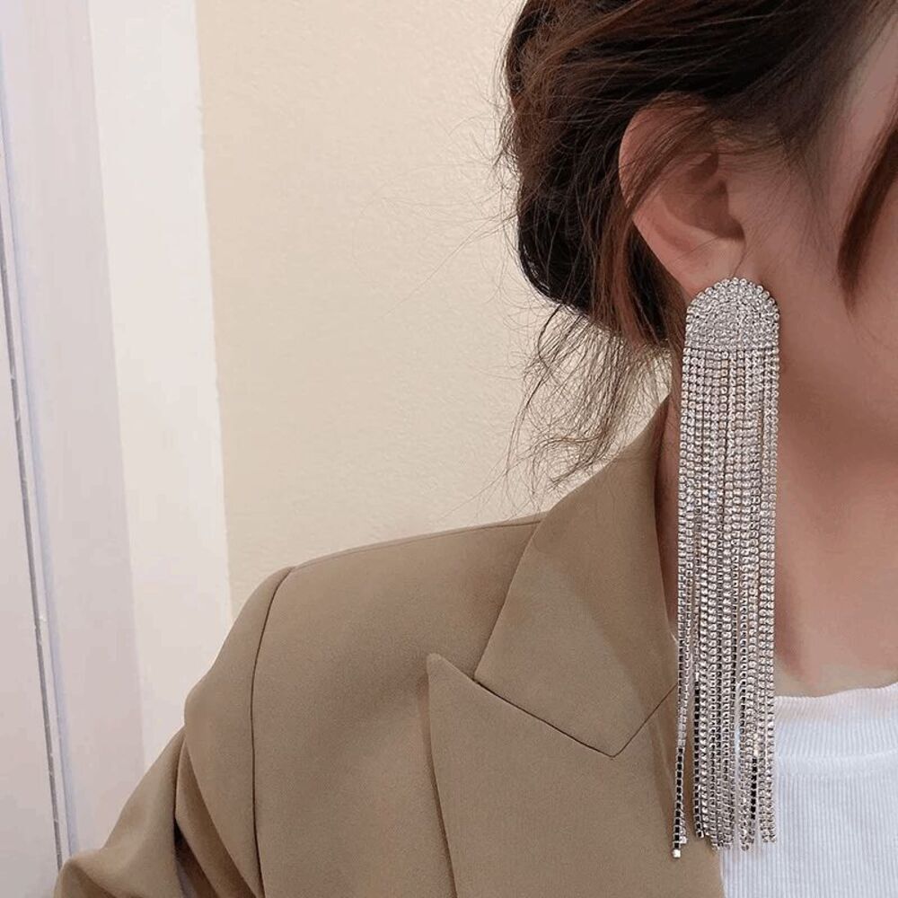 NWOT Bohemia Long Tassel Crystal Drop Earrings - Super Sparkly Festival Fancy -